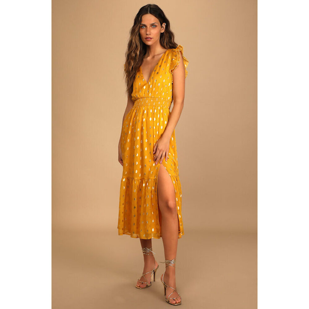 Lulus Cause To Celebrate Yellow And Gold Dot Ruffled Tiered Midi Dress - Size M